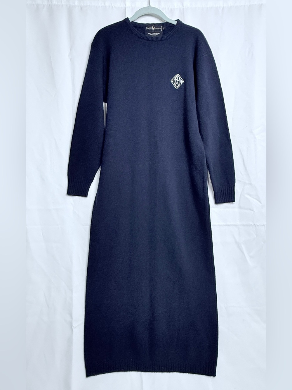 Vintage Ralph Lauren 100% Lambswool Blue Knit Long Sleeve Sweater Dress Large